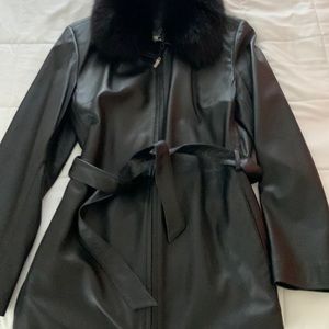 Black leather jacket with removable fur collar and belt